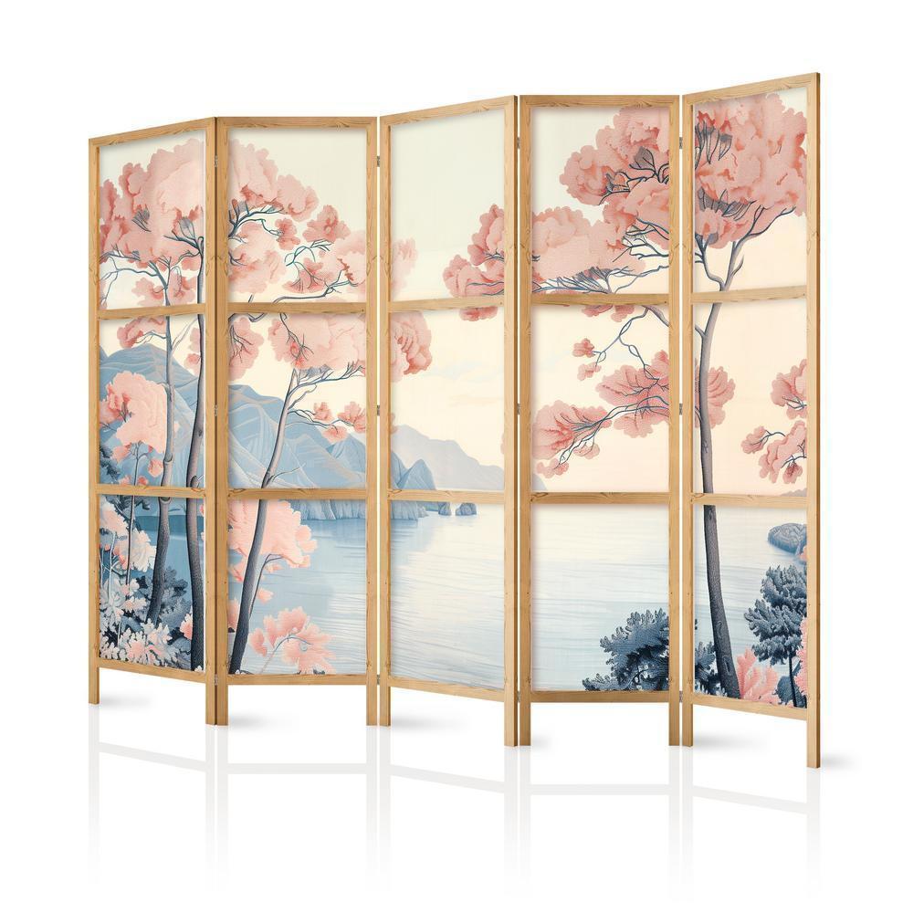 Japanese Room Divider - Landscape with the Ocean - Cliffs - and Trees in Delicate Pink Shades