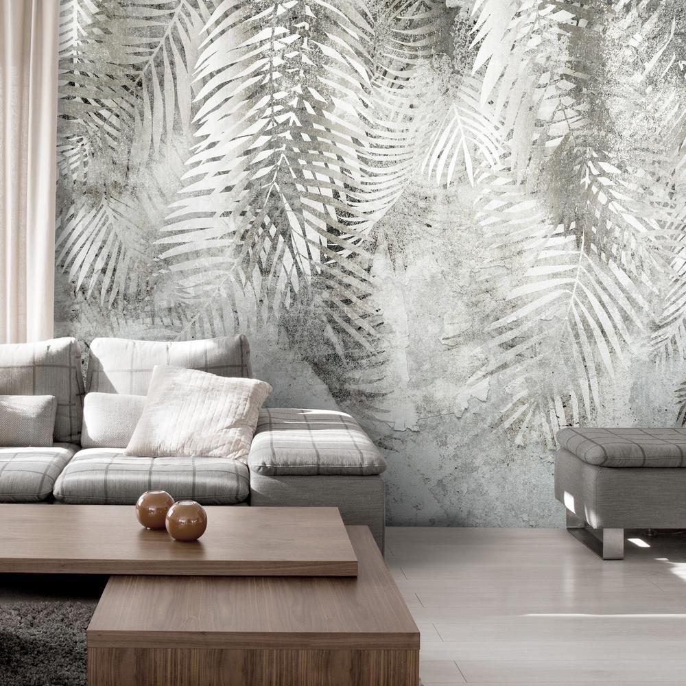 Wall Mural - Light and shadow - grey and white composition with floral motif and pattern-Wall Murals-ArtfulPrivacy