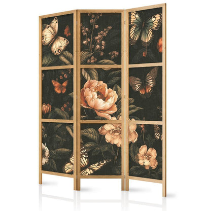 Japanese Room Divider - Mysterious Garden - Butterflies Flying Over Flowers - Rustic Evening