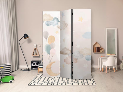 Room Divider - Fairy-Tale Moon - Moon with Balloons Among Clouds and Stars in Subdued Colors on a Light Beige Background