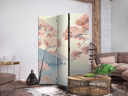 Room Divider - Landscape with the Ocean - Cliffs - and Trees in Delicate Pink Shades