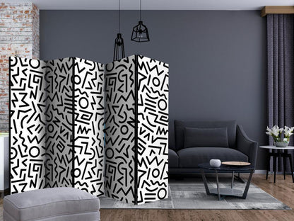 Room Divider - Black and White Maze II- A 5 Panel Folding Screen For Living rooms, bedrooms or home office, decorative folding screen made with wood and canvas