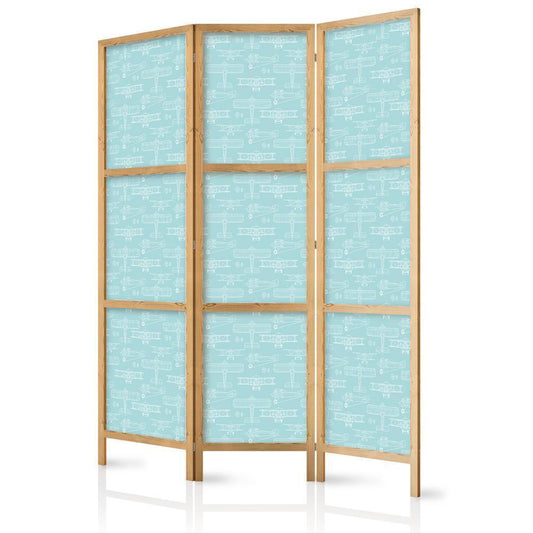 Japanese Room Divider - Sketch - Outline of an Airplane in White on a Turquoise Background