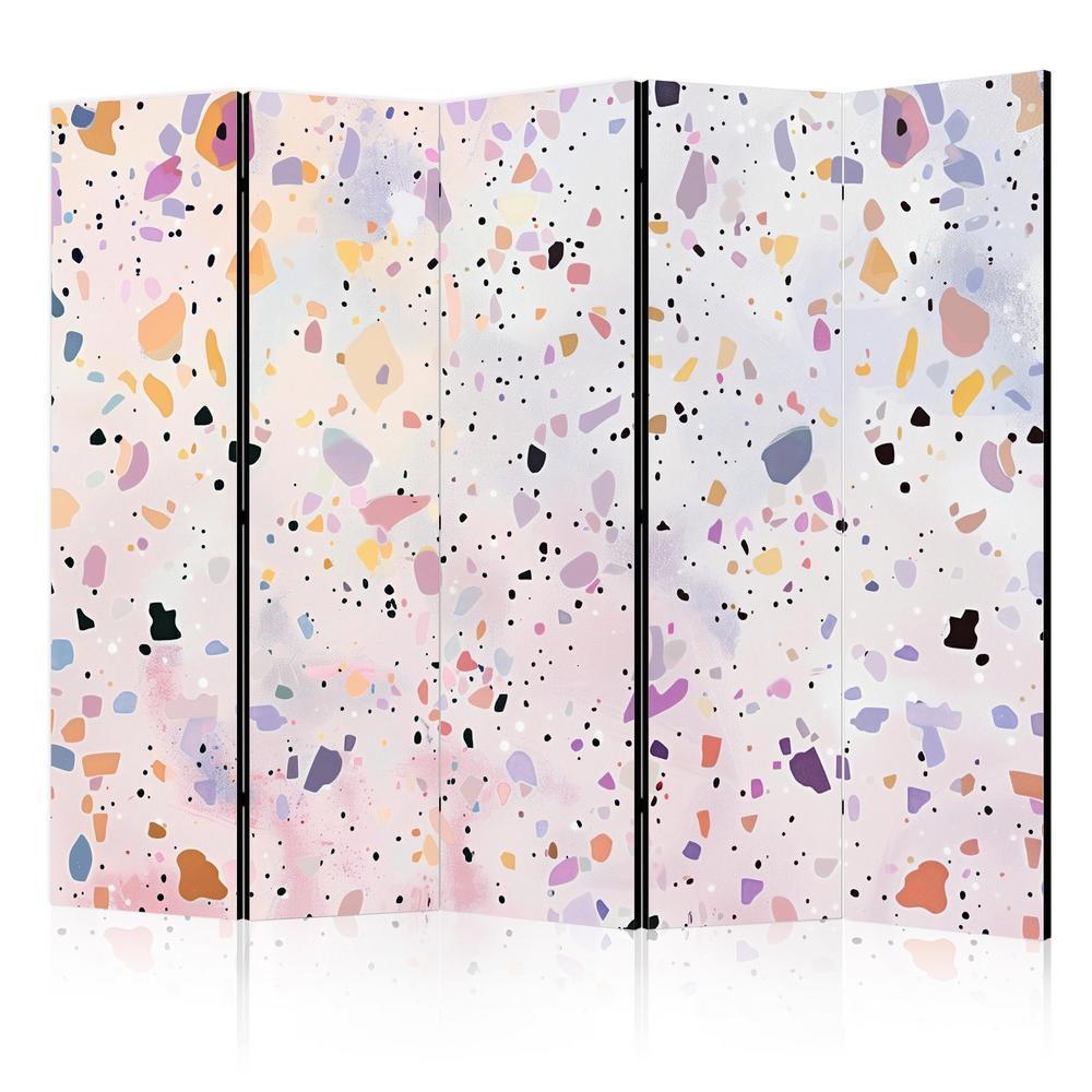 Room Divider - Terrazzo in Confetti Style - Violet-Pink - Colorful Pattern- A 5 Panel Folding Screen For Living rooms, bedrooms or home office, decorative folding screen made with wood and canvas