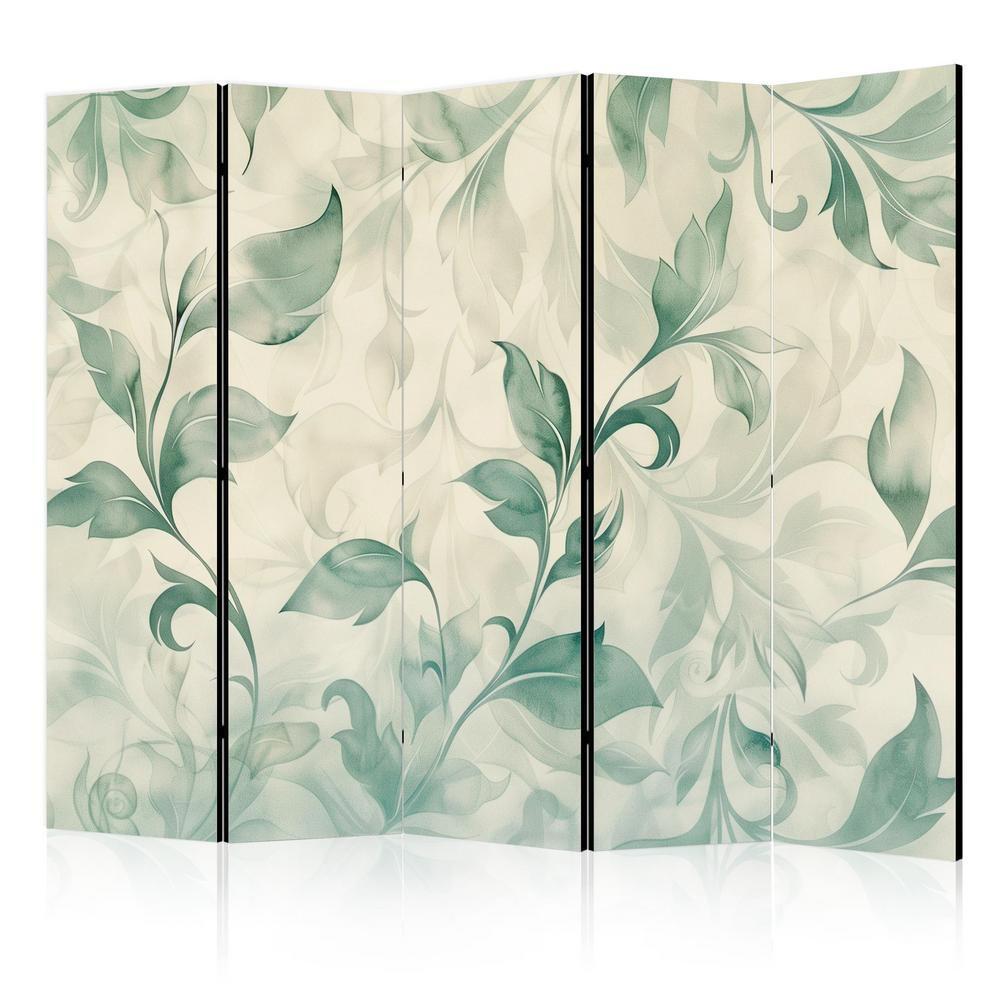 Room Divider - Watercolor Botanical Motif - Delicate Green-Beige Leaves- A 5 Panel Folding Screen For Living rooms, bedrooms or home office, decorative folding screen made with wood and canvas