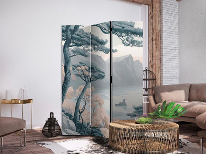 Room Divider - Mountainous Coast with Trees and Rocks - in Light Pastel Blues