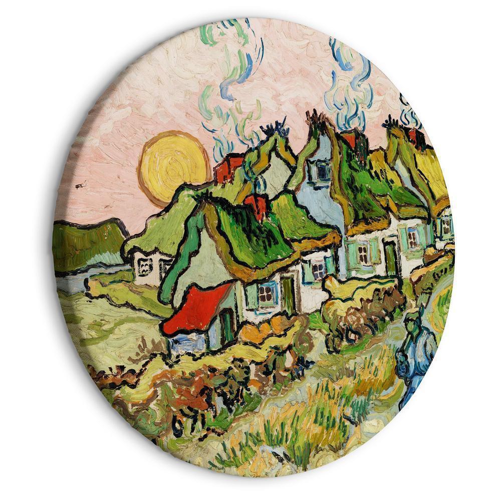 Circle shape wall decoration with printed design - Round Canvas Print - Thatched Cottages in the Sunshine Reminiscence of the North (Vincent van Gogh) - ArtfulPrivacy