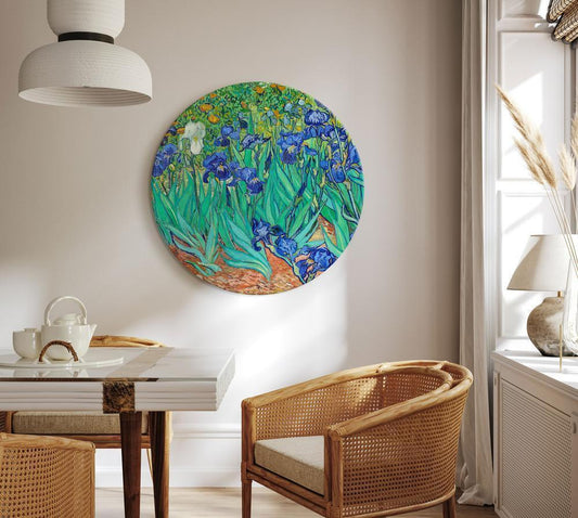 Circle shape wall decoration with printed design - Round Canvas Print - Irises by Vincent Van Gogh - Blue Flowers in the Meadow - ArtfulPrivacy