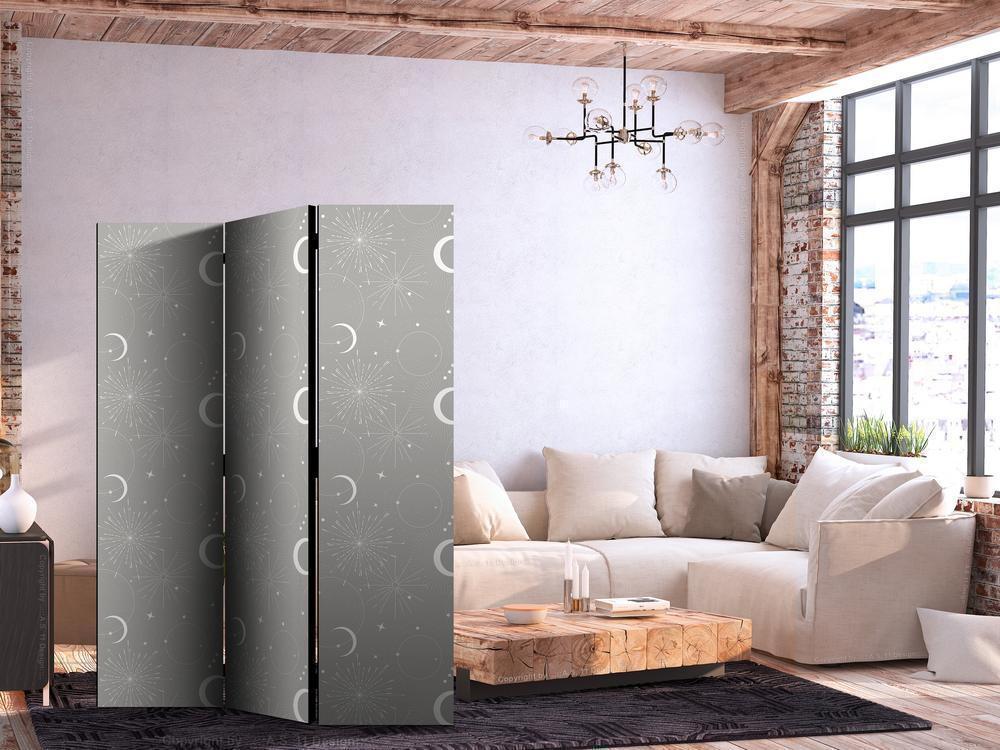 Room Divider - Cosmic Fireworks - Elegant Pattern with Moons and Stars on a Gray Background