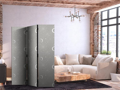 Room Divider - Cosmic Fireworks - Elegant Pattern with Moons and Stars on a Gray Background