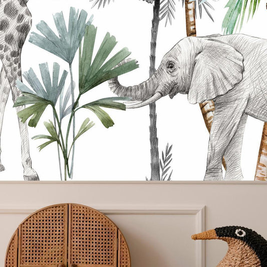 Wall Mural - Jungle Animals Wallpaper for Children's Room in Cartoon Style-Wall Murals-ArtfulPrivacy