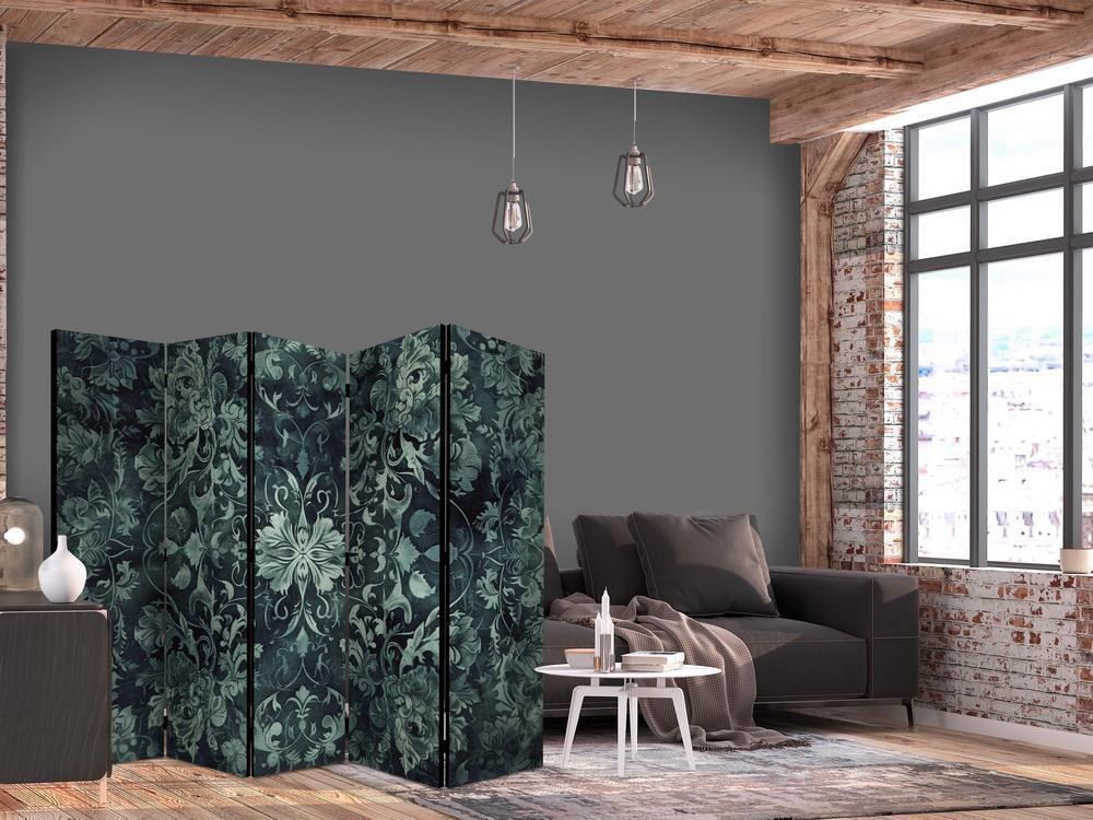 Room Divider - Oriental Carpet Pattern - Emerald Ornaments and Rubbed Patterns- A 5 Panel Folding Screen For Living rooms, bedrooms or home office, decorative folding screen made with wood and canvas