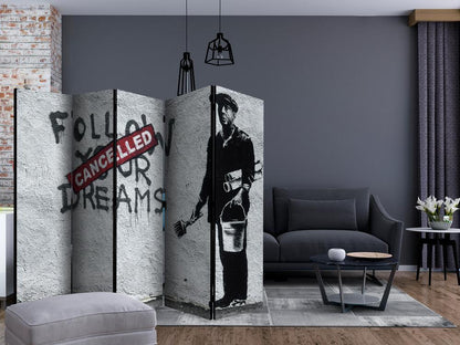 Room Divider - Dreams Cancelled (Banksy) II- A 5 Panel Folding Screen For Living rooms, bedrooms or home office, decorative folding screen made with wood and canvas