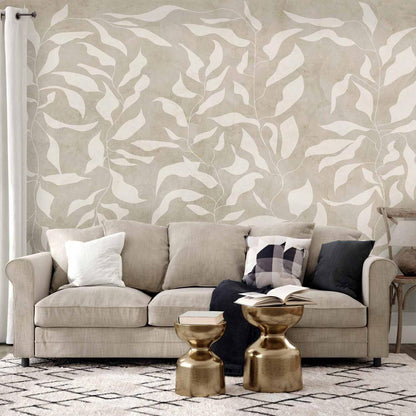 Wall Mural - White leaves - abstract plant motif on beige background with frame