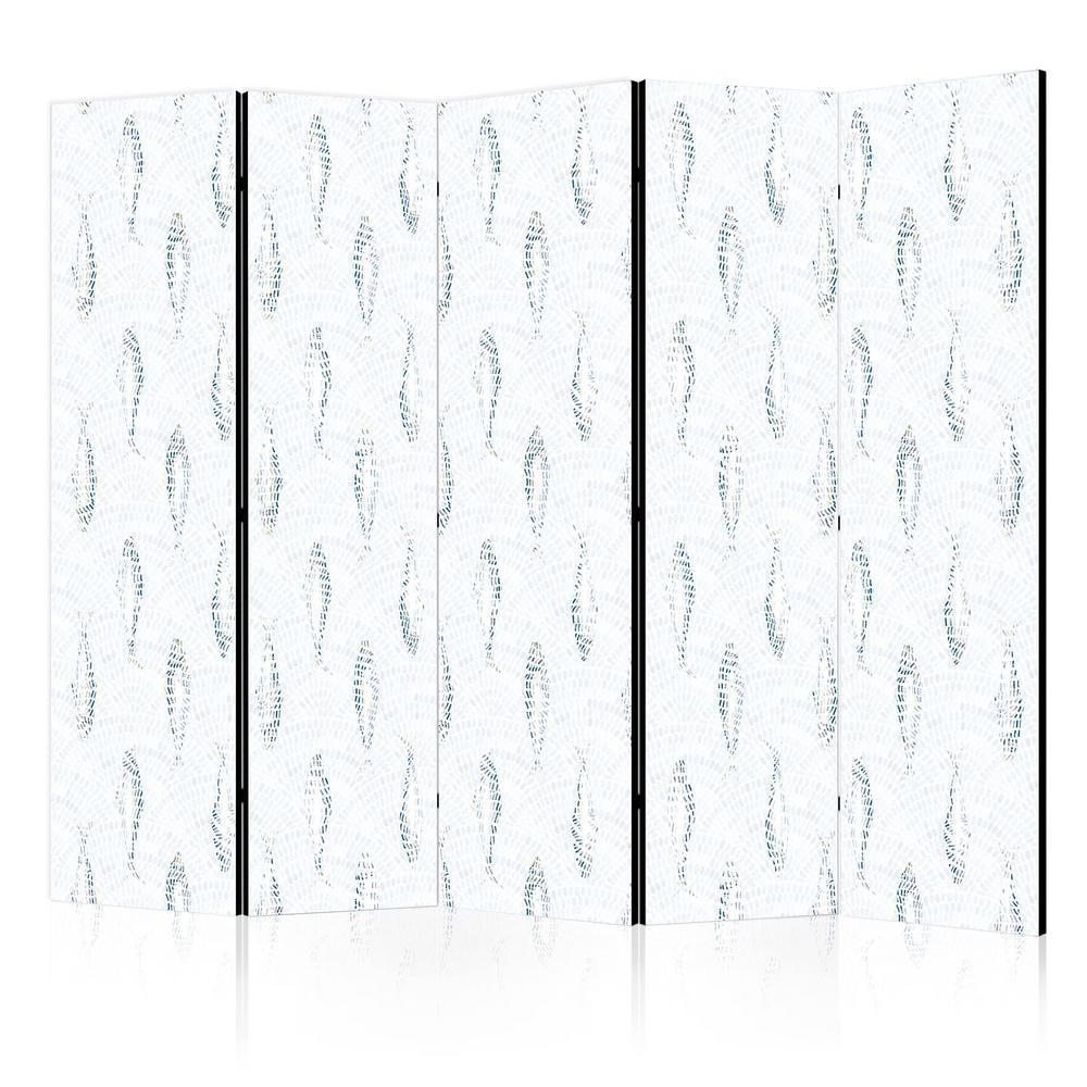 Room Divider - Delicate Blue Fish - Mosaic Fish in Subtle Blue Color Shades with an Arched Pattern in the Background- A 5 Panel Folding Screen For Living rooms, bedrooms or home office, decorative folding screen made with wood and canvas