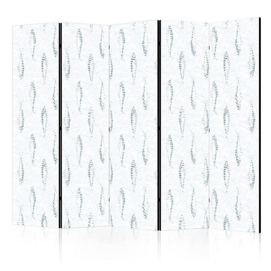 Room Divider - Delicate Blue Fish - Mosaic Fish in Subtle Blue Color Shades with an Arched Pattern in the Background- A 5 Panel Folding Screen For Living rooms, bedrooms or home office, decorative folding screen made with wood and canvas