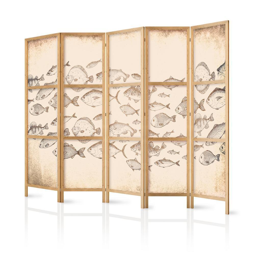 Japanese Room Divider - Sketch of a School of Fish - Sketches of Various Species of Fish Swimming in a School on a Beige Background in Vintage Style