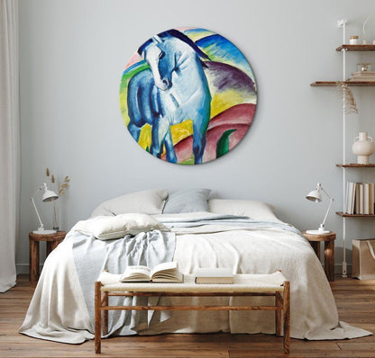 Circle shape wall decoration with printed design - Round Canvas Print - Blue Horse (Franz Marc) - ArtfulPrivacy