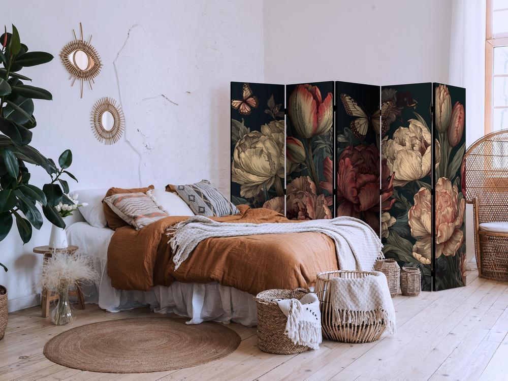 Room Divider - Floral Illustration - Magnificent Flower Buds on a Turquoise Background- A 5 Panel Folding Screen For Living rooms, bedrooms or home office, decorative folding screen made with wood and canvas