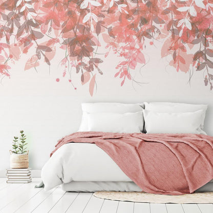 Wall Mural - Under vegetation - hanging vines of pink leaves on a neutral background-Wall Murals-ArtfulPrivacy