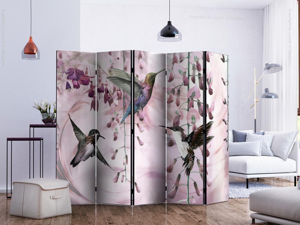 Decorative partition-Room Divider - Flying Hummingbirds (Pink) II-Folding Screen Wall Panel by ArtfulPrivacy
