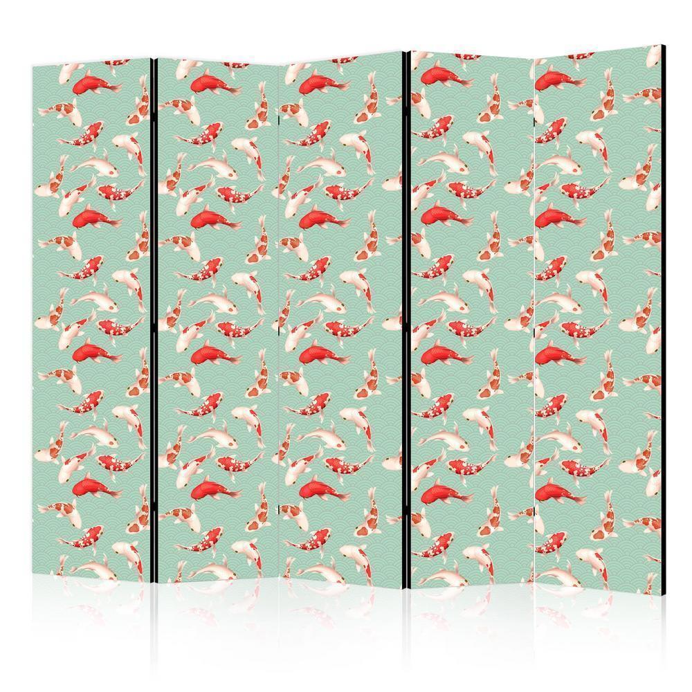 Room Divider - Fish And Japanese Pattern - Koi Fish in Orange-Cream Colors on a Green-Mint Background With An Oriental Pattern- A 5 Panel Folding Screen For Living rooms, bedrooms or home office, decorative folding screen made with wood and canvas