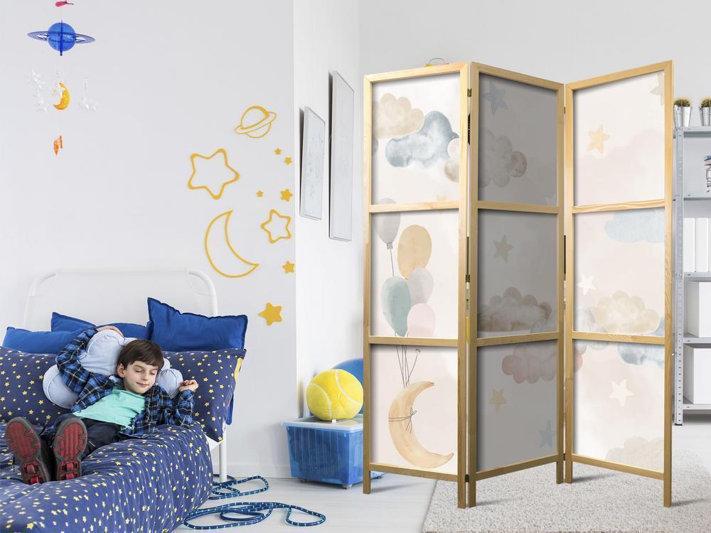 Japanese Room Divider - Fairy-Tale Moon - Moon with Balloons Among Clouds and Stars in Subdued Colors on a Light Beige Background