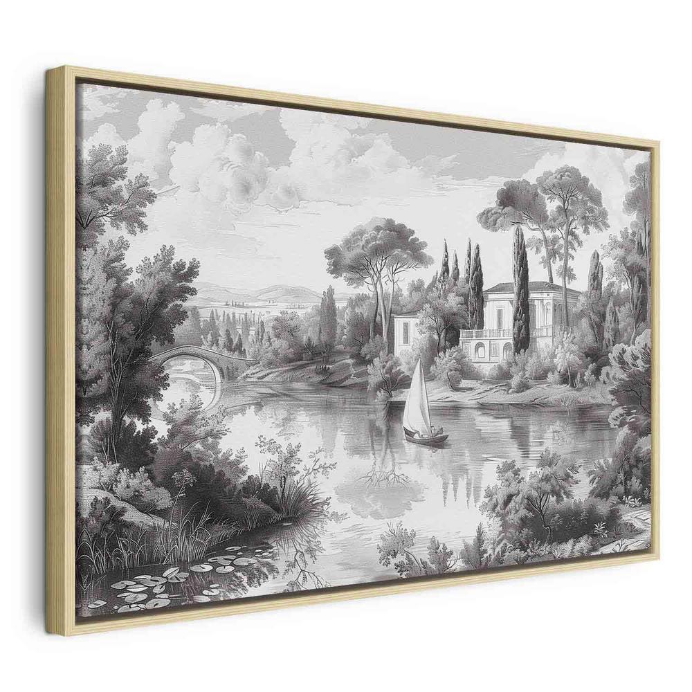 Impression sur toile - Paysage vintage noir et blanc Vue rétro d'un étang avec un bateau