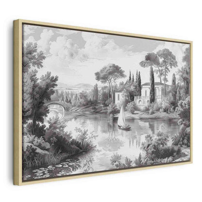 Canvas Print - Black and White Vintage Landscape Retro View of a Pond with a Boat