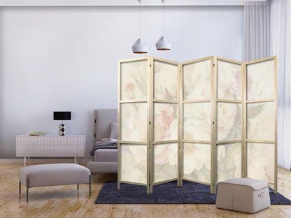 Japanese Room Divider - Blooming Peonies - Bright Large Flowers Enveloped in White Mist