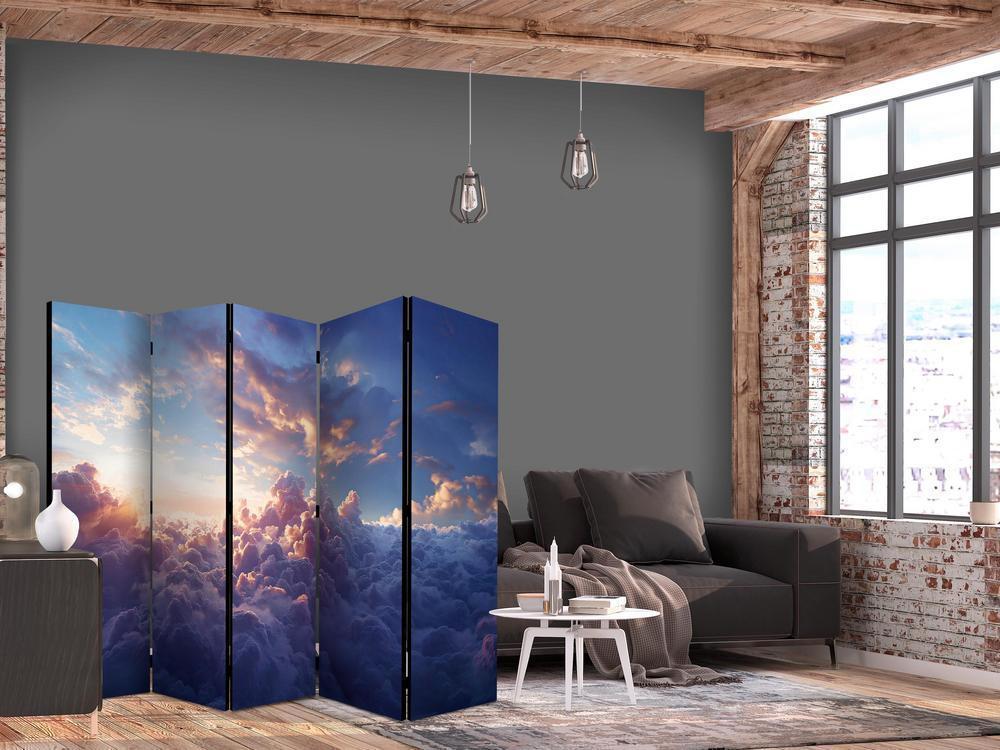 Room Divider - The Sun in Hiding: The Golden Face of the Sky Above a Cloudy Sea- A 5 Panel Folding Screen For Living rooms, bedrooms or home office, decorative folding screen made with wood and canvas