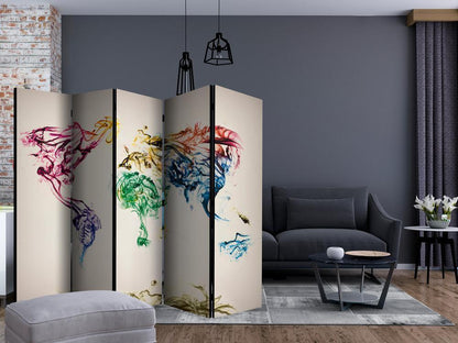 Room Divider - Dancing smoke trails II- A 5 Panel Folding Screen For Living rooms, bedrooms or home office, decorative folding screen made with wood and canvas