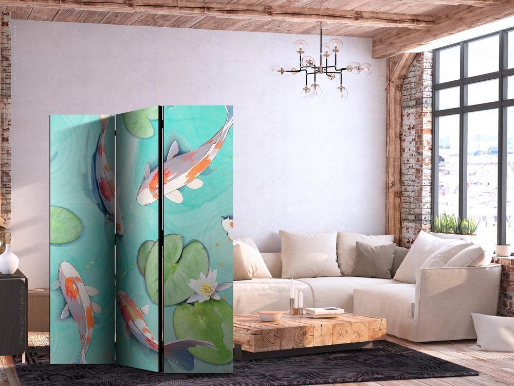 Room Divider - Spectacular Fish - White-Orange Koi Fish Swimming in Crystal Clear Water with Water Lilies