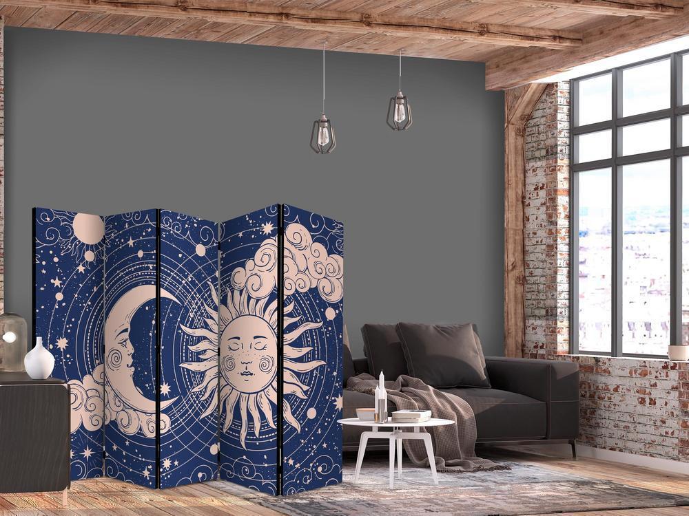 Room Divider - Cosmic Harmony - Illustration of the Sun and Moon on a Navy Background- A 5 Panel Folding Screen For Living rooms, bedrooms or home office, decorative folding screen made with wood and canvas