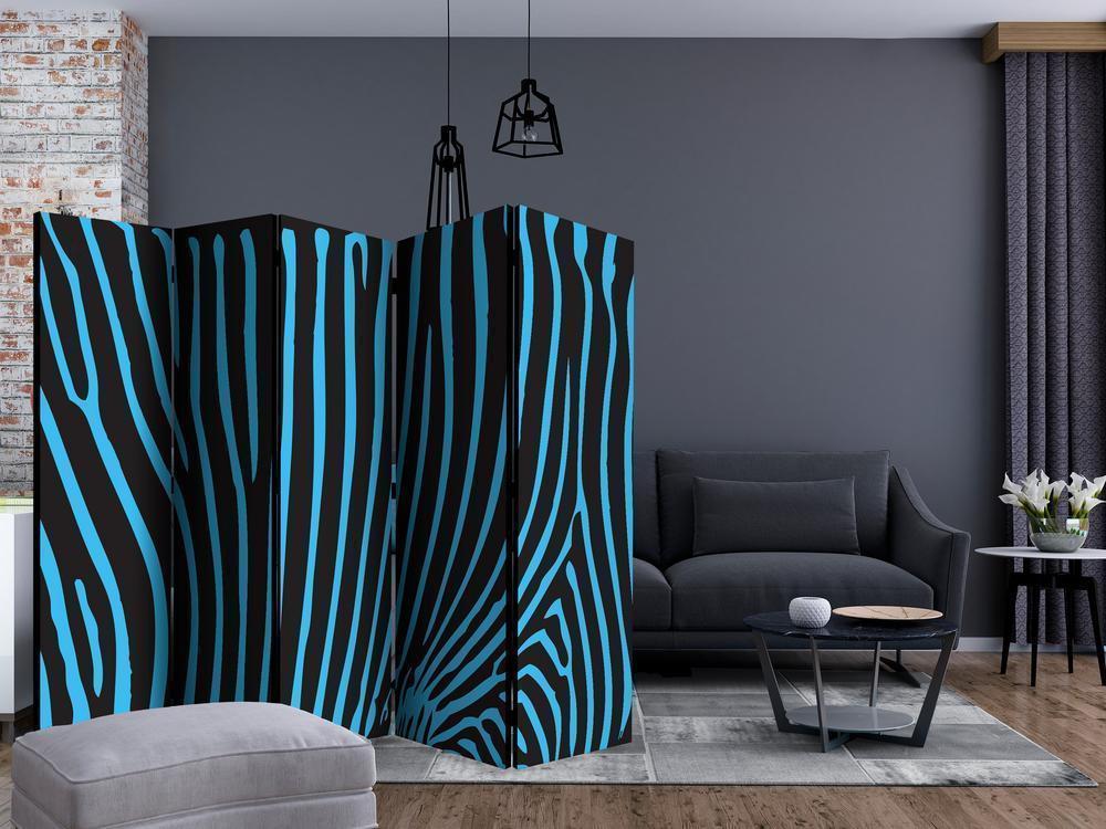 Room Divider - Zebra pattern (turquoise) II- A 5 Panel Folding Screen For Living rooms, bedrooms or home office, decorative folding screen made with wood and canvas