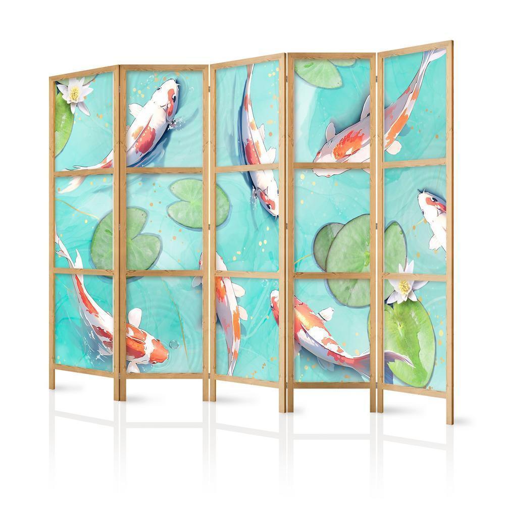 Japanese Room Divider - Spectacular Fish - White-Orange Koi Fish Swimming in Crystal Clear Water with Water Lilies