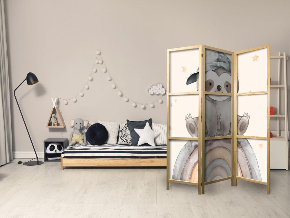 Japanese Room Divider - Happy Sloth - Sloth in muted colors - wearing a cap - sitting on a rainbow among the stars