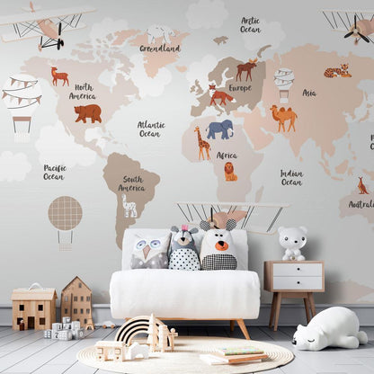 Wall Mural - World Map in Beige Tones for Children's Room