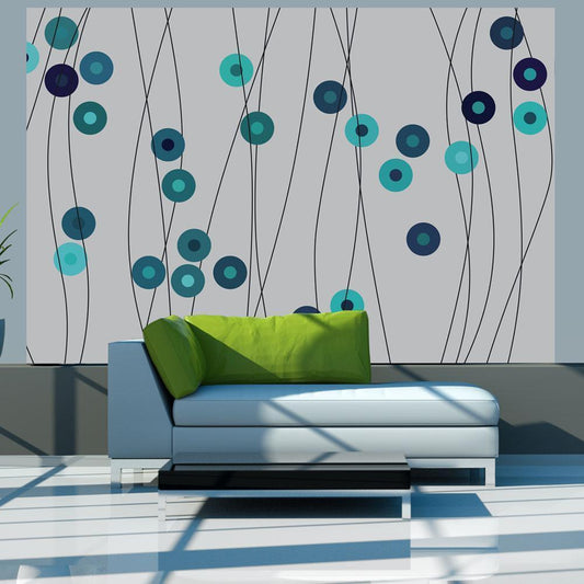 Wall Mural - Buttons - Geometric Patterns with Turquoise Elements on a Gray Background-Wall Murals-ArtfulPrivacy