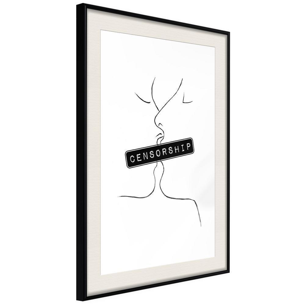 Black and White Framed Poster - Forbidden Kiss-artwork for wall with acrylic glass protection