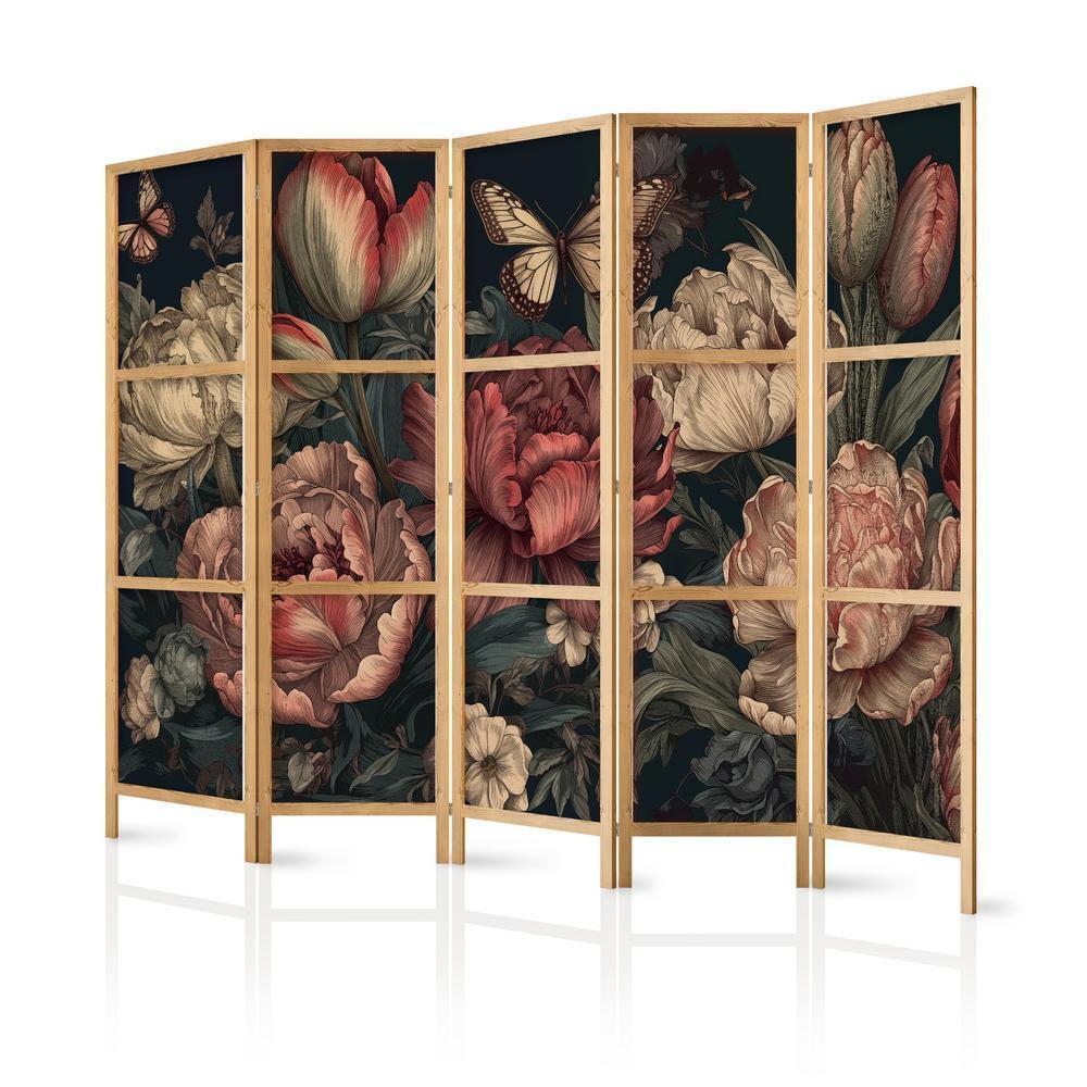 Japanese Room Divider - Floral Illustration - Magnificent Flower Buds on a Turquoise Background