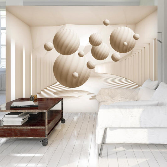 Wall Mural - 3D Abstraction - Beige spheres with shadow in a bright space with columns-Wall Murals-ArtfulPrivacy