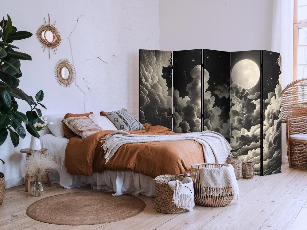 Room Divider - The Moon and Stars Singing Amongst Great Clouds- A 5 Panel Folding Screen For Living rooms, bedrooms or home office, decorative folding screen made with wood and canvas