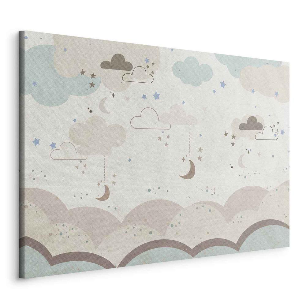 Canvas Print - Cloudy Night Sky - Moons in Brown and Beige Hues Among Clouds and Numerous Little Stars on a Light Background