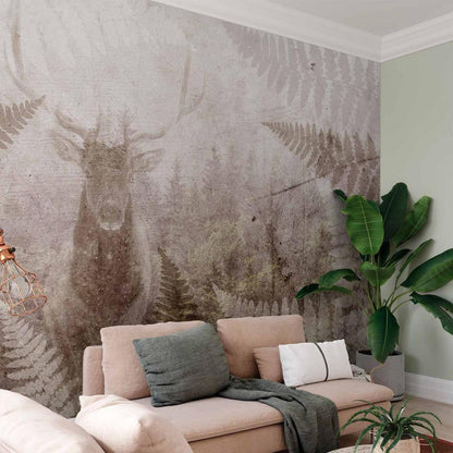 Wall Mural - Forest motif - deer with antlers among fern leaves on concrete pattern