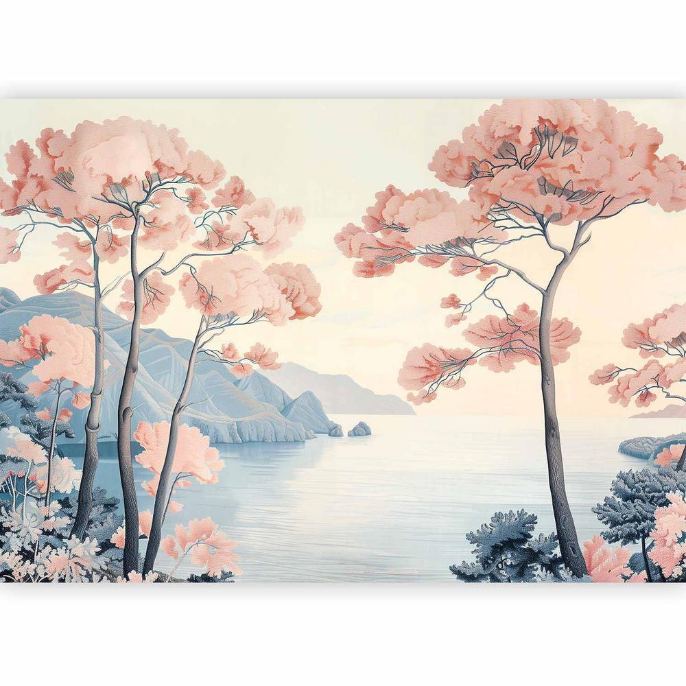 Wall Mural - Landscape with the Ocean Cliffs and Trees in Delicate Pink Shades