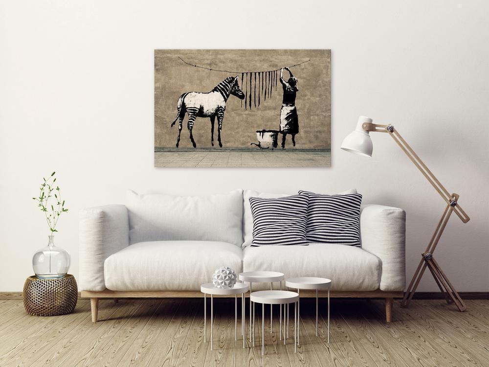 Canvas Print - Banksy: Washing Zebra on Concrete (1 Part) Wide-ArtfulPrivacy-Wall Art Collection