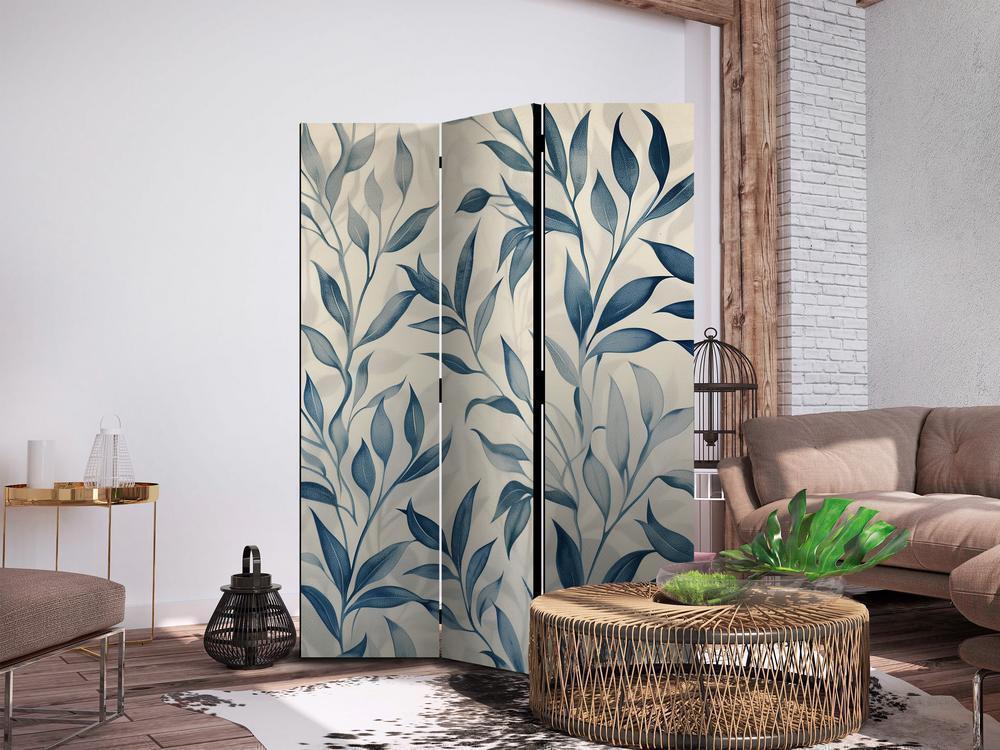 Room Divider - Leaves in Blue Colors - Delicate Botanical Motif