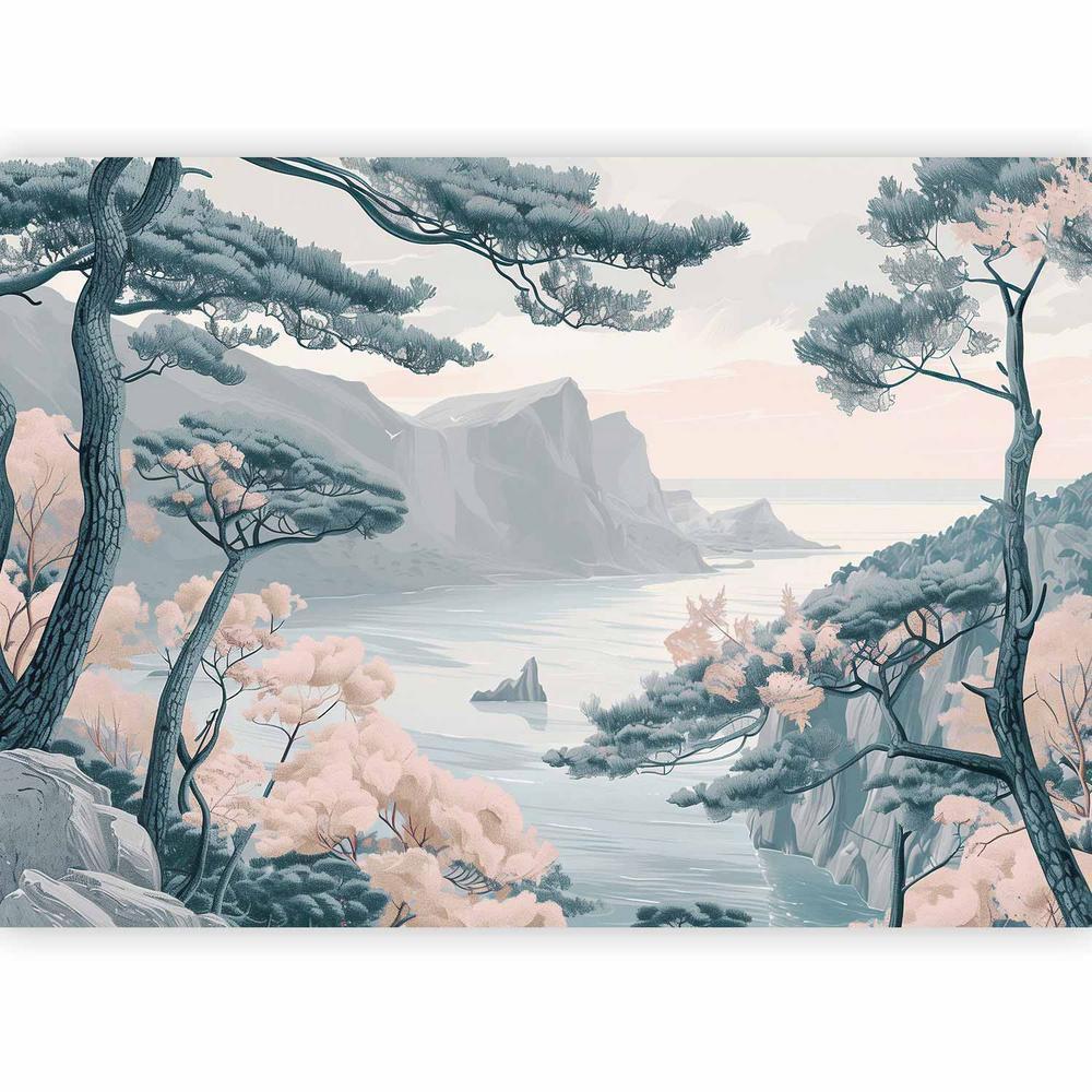 Wall Mural - Mountainous Coast with Trees and Rocks in Light Pastel Blues