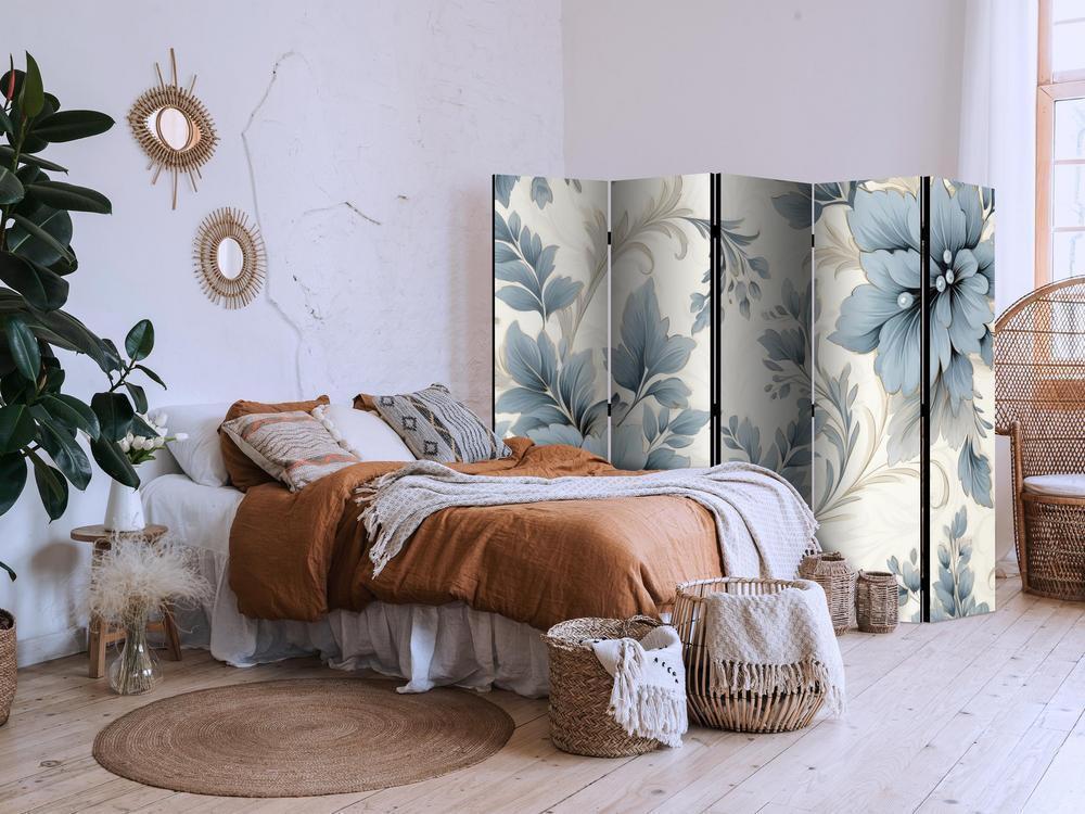 Room Divider - Turquoise Flowers in Retro Vibe Floral Ornaments- A 5 Panel Folding Screen For Living rooms, bedrooms or home office, decorative folding screen made with wood and canvas